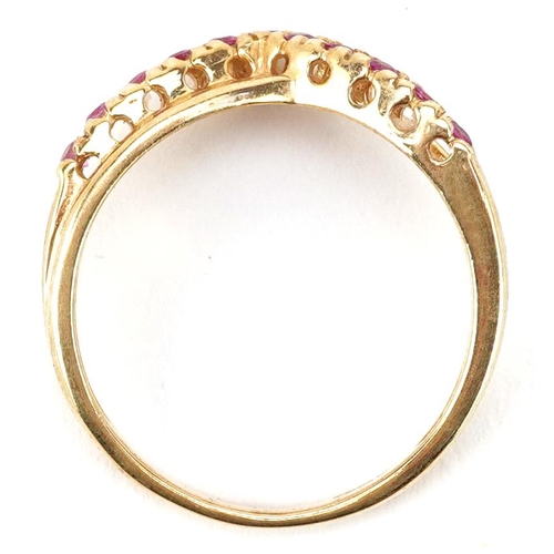 2206 - An 18ct gold pink spinel wishbone ring, size N/O, 2.8g.