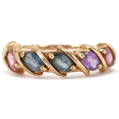 2159 - A 9ct gold multi gem ring set with colourful stones including rubies and sapphires, size N, 3.4g.