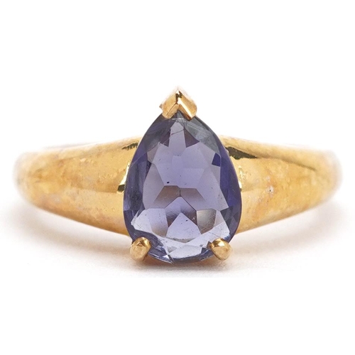 2398 - A 9ct gold purple stone teardrop ring, size N, 3.5g.