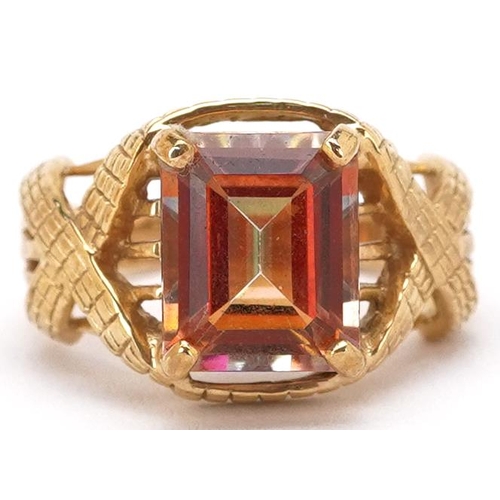 2380 - A 9ct gold rectangular cut rainbow quartz ring with ornate setting, size M/N, 7.5g.