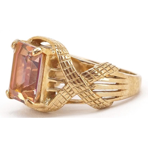 2380 - A 9ct gold rectangular cut rainbow quartz ring with ornate setting, size M/N, 7.5g.