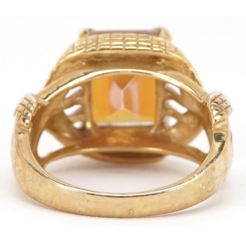 2380 - A 9ct gold rectangular cut rainbow quartz ring with ornate setting, size M/N, 7.5g.