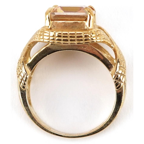 2380 - A 9ct gold rectangular cut rainbow quartz ring with ornate setting, size M/N, 7.5g.