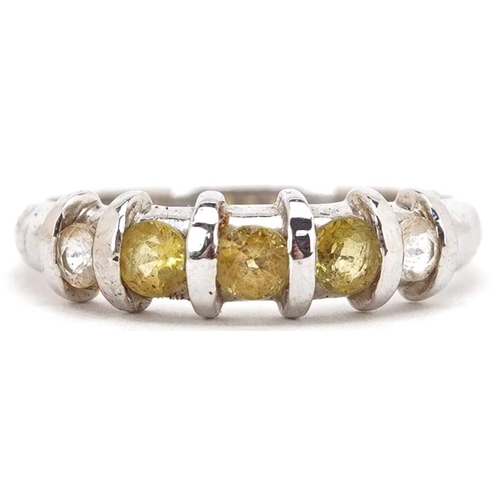 2167 - A 9ct white gold citrine and white spinel five stone ring, size N, 2.3g.