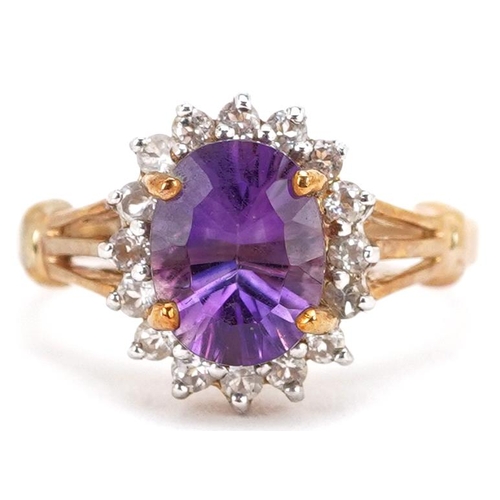 A 9ct gold amethyst and white topaz cluster ring, size N, 3.5g.