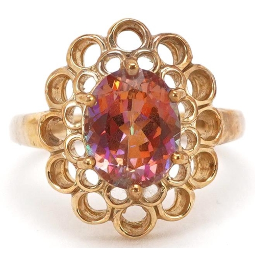 2165 - A 9ct gold rainbow quartz solitaire ring with ornate setting, size N, 4.9g.