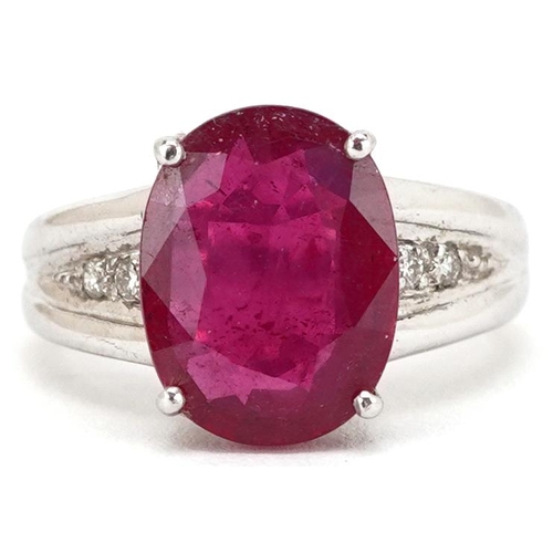 A 9ct white gold ruby solitaire ring with diamond set shoulders, the ruby approximately 13.30mm x 10.20mm x 4.08mm deep, size N, 5.7g