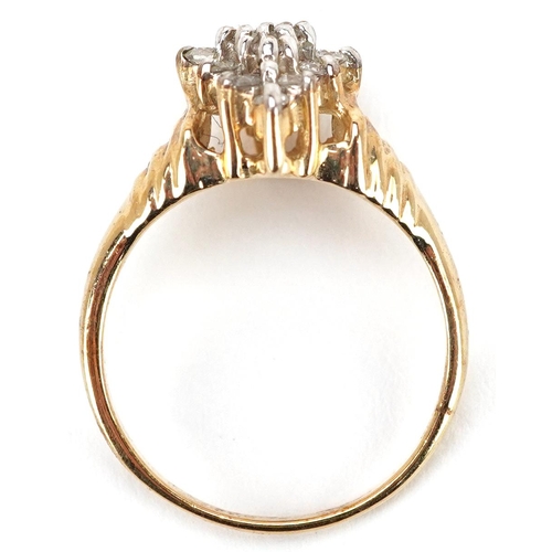 2064 - A 9ct gold diamond three tier cluster ring, size N, 3.4g.