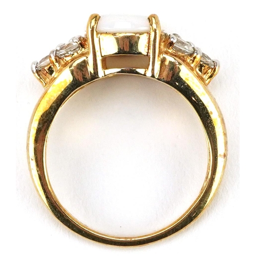 2366 - A 9ct gold cabochon opal and white topaz ring, size N, 4.0g.