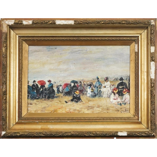 2786 - Manner of Boudin - Busy street scene, French Impressionist oil on canvas, framed, 31cm x 21cm.