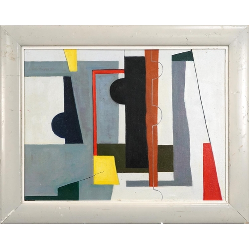 2608 - Abstract composition, geometric shapes, oil on board, framed, 59cm x 44cm.