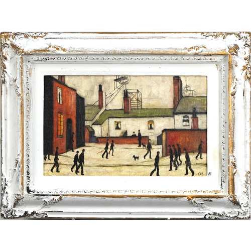 2613 - Manner of Laurence Stephen Lowry - Figures on a street, oil on board, framed, 39cm x 23.5cm.