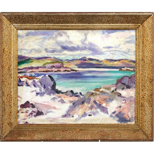 2634 - Manner of Francis Campbell Boileau Cadell - Iona coastal scene, Scottish Colourist school oil on boa... 