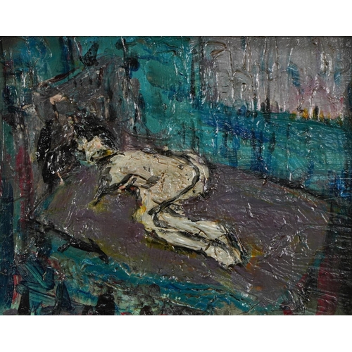 2650 - Nude figure, abstract oil impasto housed in an ornate cream frame, 24cm x 19cm.