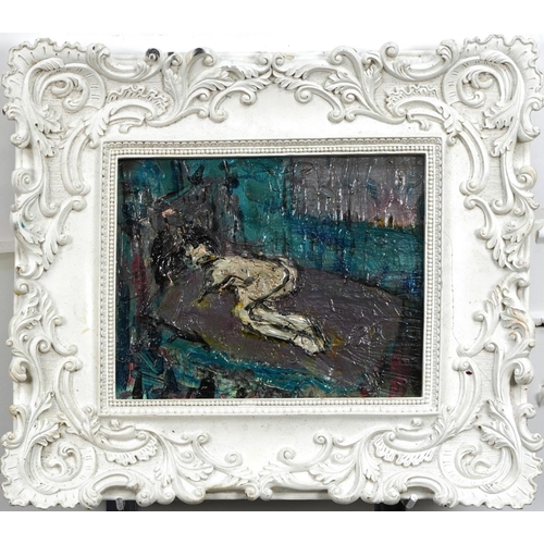 2650 - Nude figure, abstract oil impasto housed in an ornate cream frame, 24cm x 19cm.