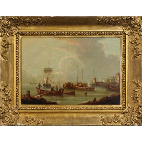 2817 - Dutch fishing boats, oil on panel, gilt framed, 49cm x 34cm.