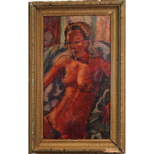 2816 - Manner of Colin Moss - Nude African female, oil on board, framed, 66cm x 36cm.