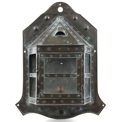 353 - An Arts & Crafts copper wall mounted light fitting with glazed door and side panels, 50cm high x 39c... 