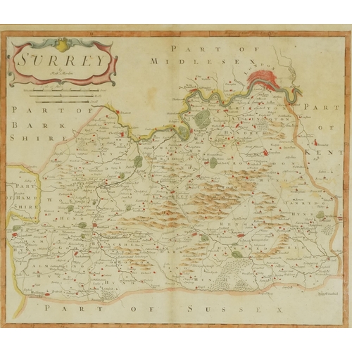 Rob. Morden - Map of Surrey circa 1780, hand coloured engraving, framed, 36cm x 42cm.