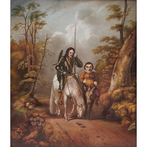 An early 19th century English porcelain plaque, probably Rockingham, circa 1826, painted by John Wager Brameld with a dejected Don Quixote returning on horseback from his unsuccessful jousts with windmills, within a giltwood and gesso frame, 31cm x 28cm.