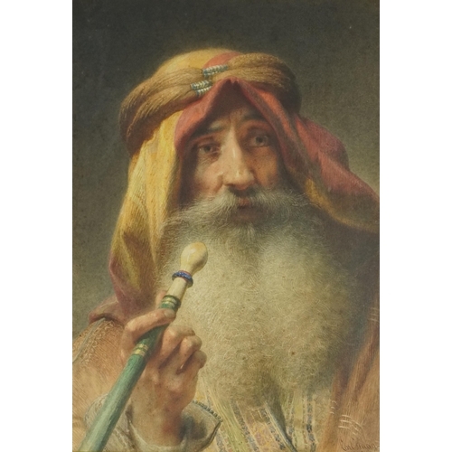 Carl Haag (1820-1915) - Head and shoulders portrait of a man smoking a hookah, 19th century German school watercolour on paper, signed and dated 1870, framed, 50cm x 34cm.