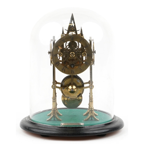 A mid 19th century brass skeleton clock with fusée movement, the circular dial with black Roman numerals, on an ebonised base bearing a silver presentation plaque dated June 1860, within a glass dome. 34cm high.