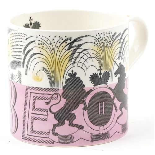 1317 - A Wedgwood Elizabeth II Coronation mug from a design by Eric Ravilious circa 1953, 10cm high.