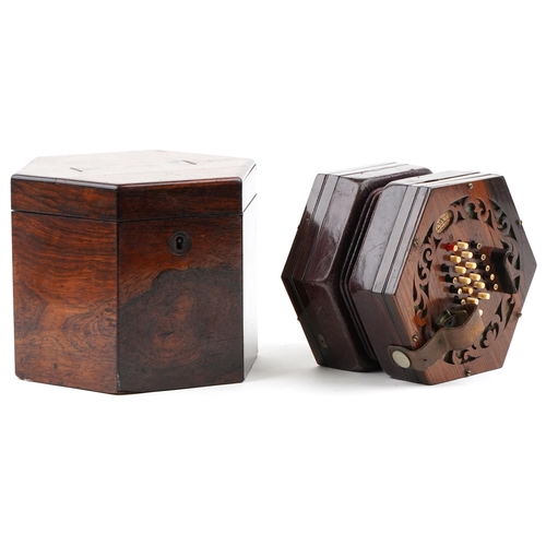 451 - A late Victorian rosewood forty eight button concertina manufactured by Burton, London, with it's or... 