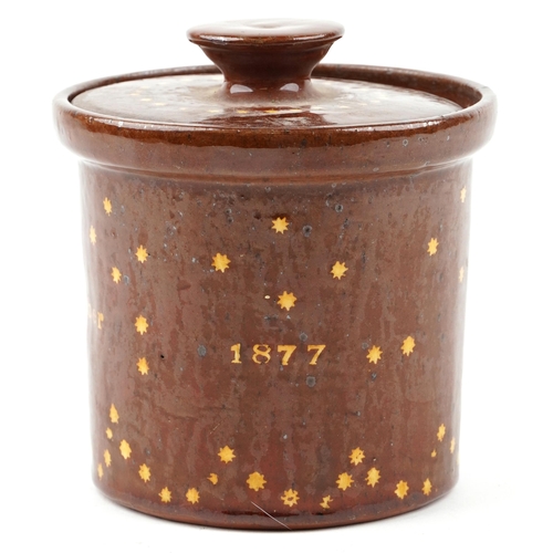 1257 - A Victorian Dicker Ware tobacco jar and cover, detailed Jane Gibbs September 1877, 13cm in diameter.