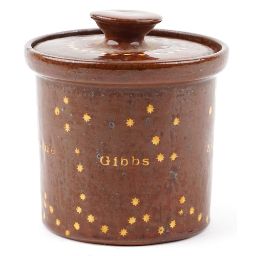 1257 - A Victorian Dicker Ware tobacco jar and cover, detailed Jane Gibbs September 1877, 13cm in diameter.