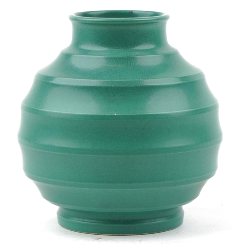 28 - A Keith Murray for Wedgwood green glazed globular vase, bearing impressed mark to base, 16cm high.