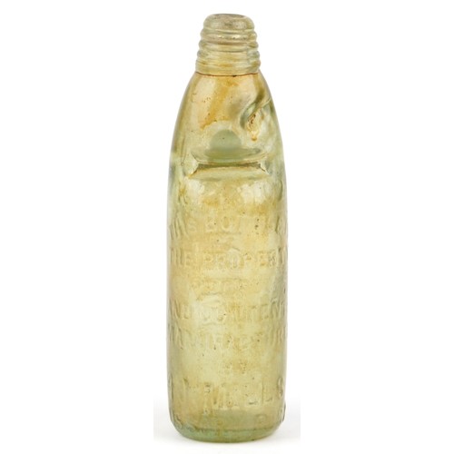 1345 - An early 20th century green glass Codd bottle by J. Mills circa 1925, 23cm high.