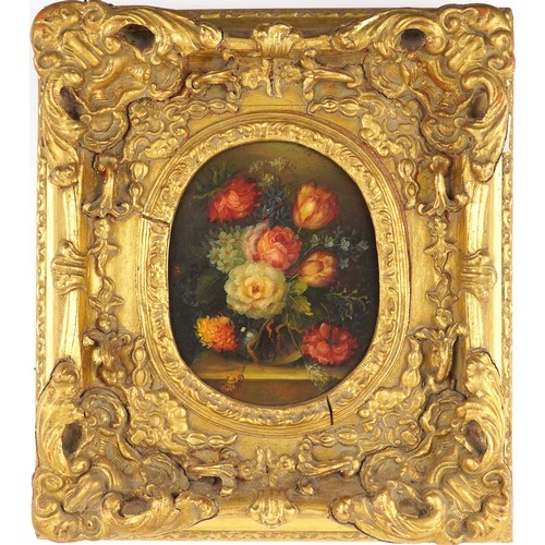 2651 - Still life flowers, 18th century style oil on canvas within an ornate gilt frame, 23cm x 18cm.