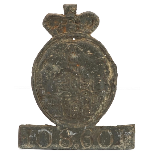 A 19th century Royal Exchange lead fire insurance plaque, bearing policy number 10 86 01, 25cm x 20cm.