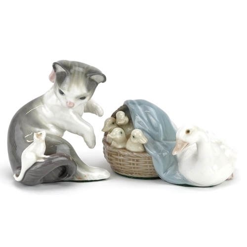 401 - A Lladro figure group of a duck and ducklings together with another Lladro figure of a cat and mouse... 