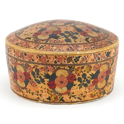 174 - An early 20th century Kashmiri circular box with domed lid and tin lined interior, 13cm high x 21cm ... 