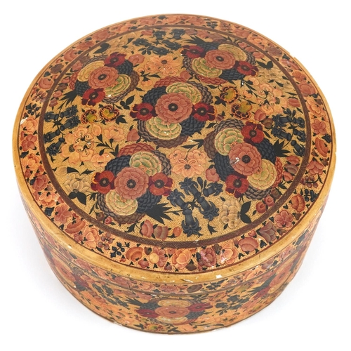 174 - An early 20th century Kashmiri circular box with domed lid and tin lined interior, 13cm high x 21cm ... 