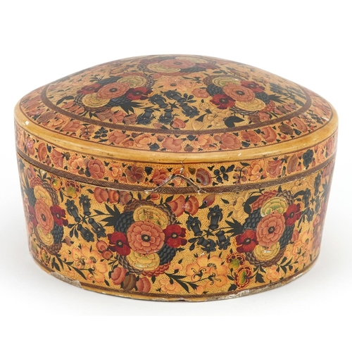 174 - An early 20th century Kashmiri circular box with domed lid and tin lined interior, 13cm high x 21cm ... 