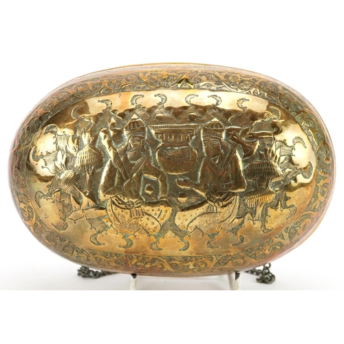 1170 - A 20th century eastern brass hanging incense burner decorated with figures and script, 18cm wide.