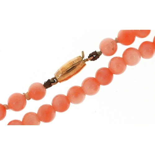 2158 - A pink coral bead necklace with 9ct gold clasp, 40cm in length, 9.0g.