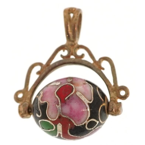 2363 - An unmarked gold cloisonné spinning ball pendant, 2cm high, 2.0g.