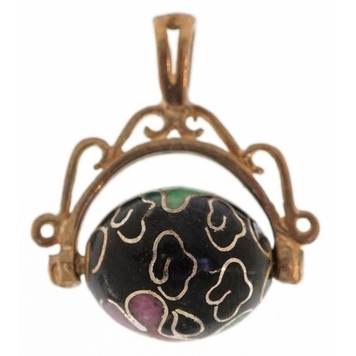 2363 - An unmarked gold cloisonné spinning ball pendant, 2cm high, 2.0g.