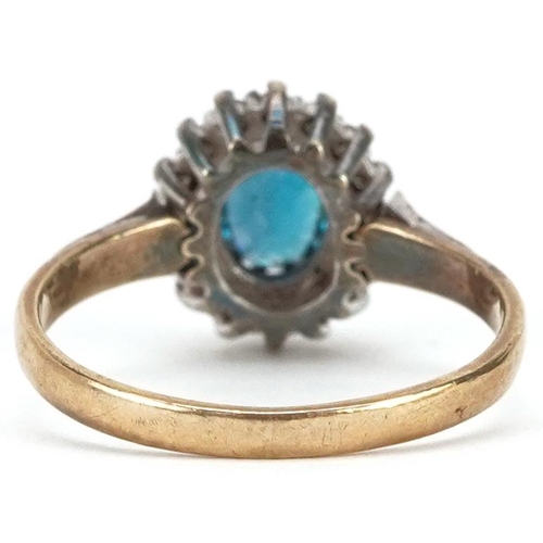 2062 - A 9ct gold diamond and blue stone cluster ring, size M, 2.5g.