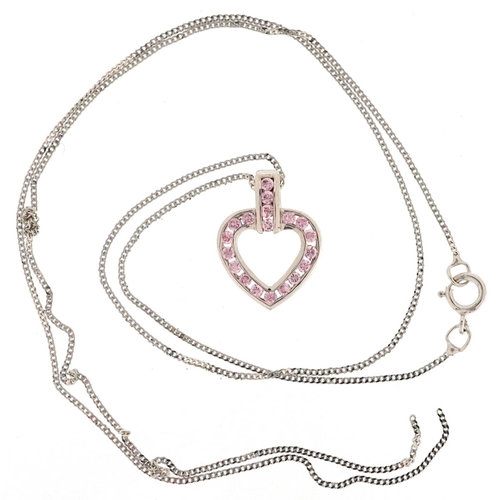 2055 - A 9ct white gold pink stone love heart pendant on a brokent 9ct gold necklace, the pendant 1.5cm hig... 