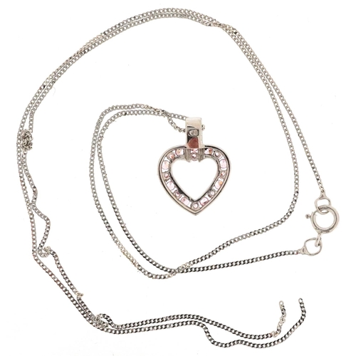 2055 - A 9ct white gold pink stone love heart pendant on a brokent 9ct gold necklace, the pendant 1.5cm hig... 