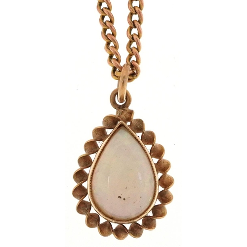 2166 - A 9ct gold opal teardrop pendant on a gold necklace, 1.9cm high and 42cm in length, total 4.7g.