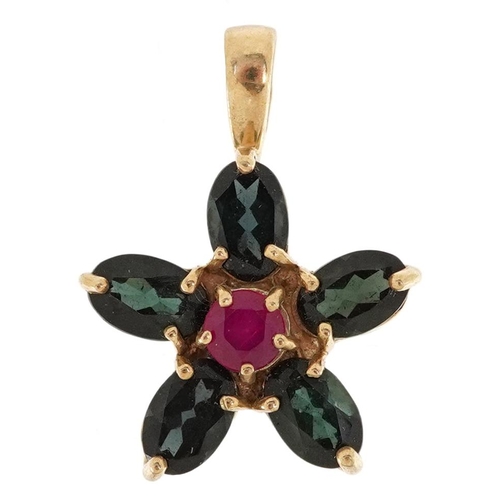 2214 - A 9ct gold ruby and green stone flower head pendant, 2.3cm high, 2.5g.