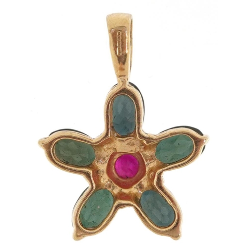 2214 - A 9ct gold ruby and green stone flower head pendant, 2.3cm high, 2.5g.