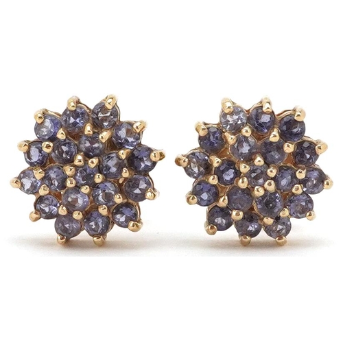 2210 - A pair of 9ct gold iolite three tier flower head stud earrings, 11.5mm in diameter, total 2.6g.