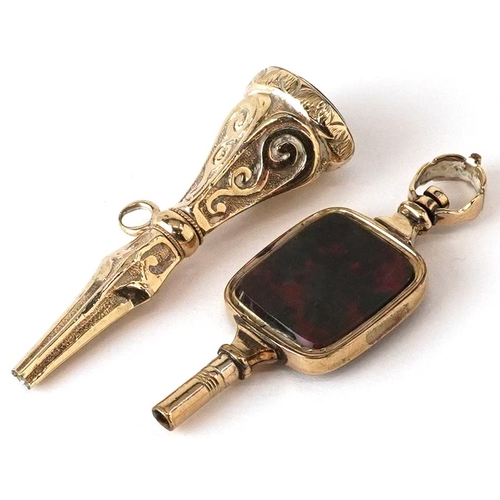 2322 - Two antique yellow metal watch keys set with bloodstone and Scottish agate, the largest 4.6cm in len... 